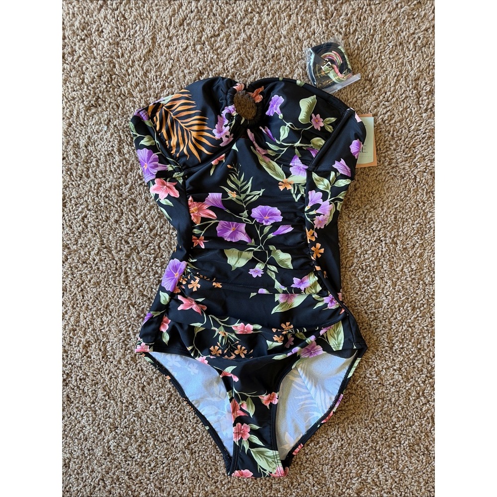 Shade & Shore Black Tropical Palm Floral 1pc Swim Bathing Suit XS 0-2 NEW NWT